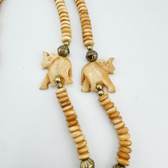 Carved Elephant Pendant Necklace Tribal Ethnic Organic Bead Brass Tone Statement - Picture 3 of 11